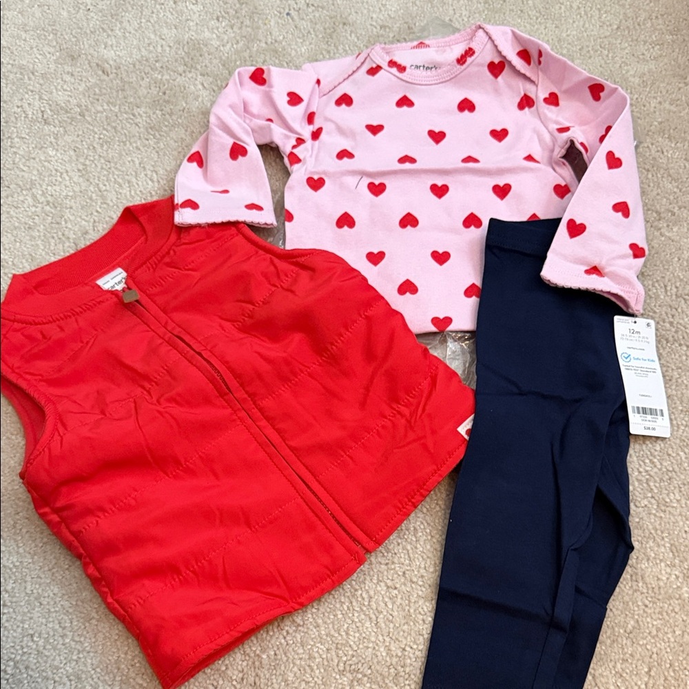 Carter’s 12 M Girls outfit heart top vest leggings NWT
